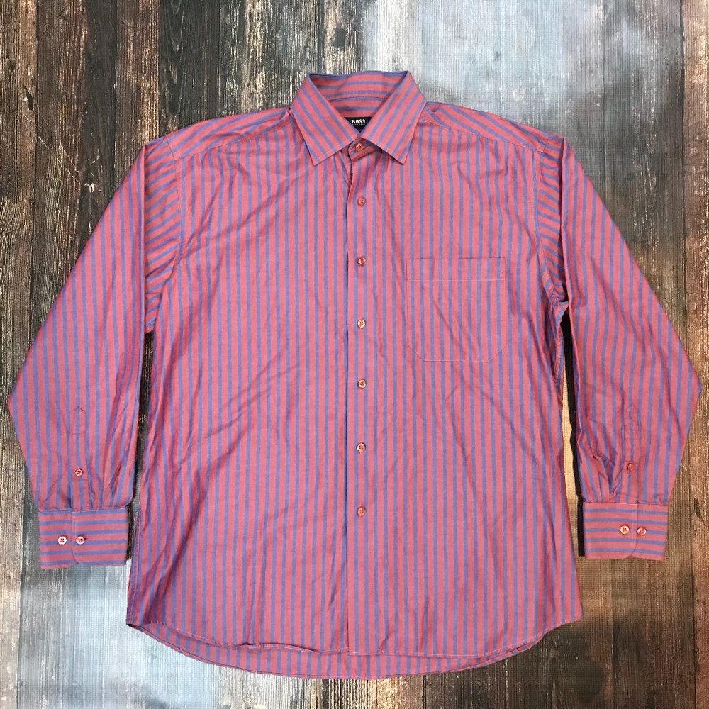HUGO BOSS Bold Stripe Dress Shirt SZ XL 43/17 Button Front Brushed Cotton
